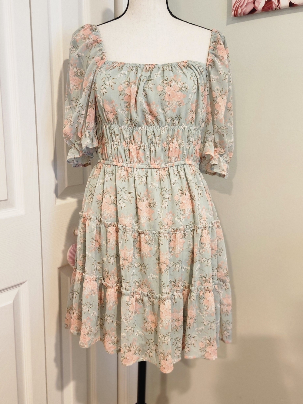 Square-Neck Tiered Mini Dress in Sage Green with Blush Floral